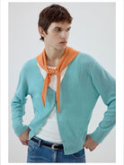 Simple Project Textured Linen Blend Cardigan in Teal - On Male Model