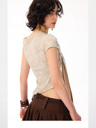 BeerBro Asymmetric Tie Front Off Shoulder Top in Beige - On Model