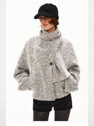 PUKI Scarf Collar Wool Tweed Jacket in Gray - On Model