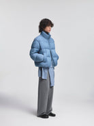 NANS 90 White Duck Down Crinkle Puffer in Sky Blue - On Male Model