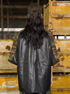 BLINDNOPLAN Camo Spliced Faux Leather Shirt in Olive - On Model