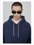 NANS Heavyweight Washed French Terry Hoodie in Navy Blue - On Model