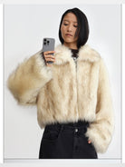 RARELY ALIKE Short Faux Fur Zip Jacket in Cream - On Model