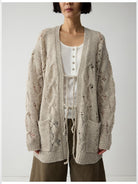 RandomPiece 100 Wool Openwork Tie Front Cardigan in Beige - On Model