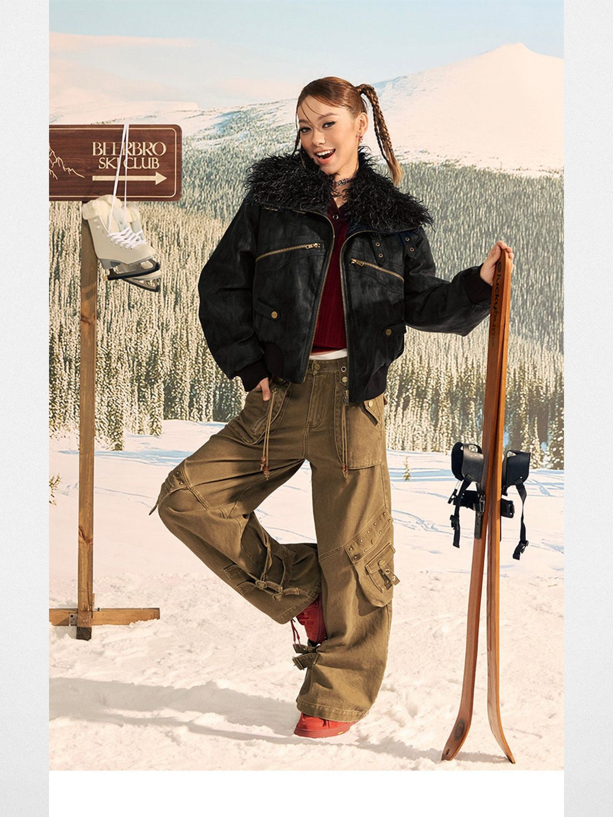 Beer Bro Faux Fur Collar PU Suede Bomber in Black - On Model