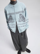 NANS Alpaca Blend Animal Jacquard Cardigan in Sky Blue - On Model