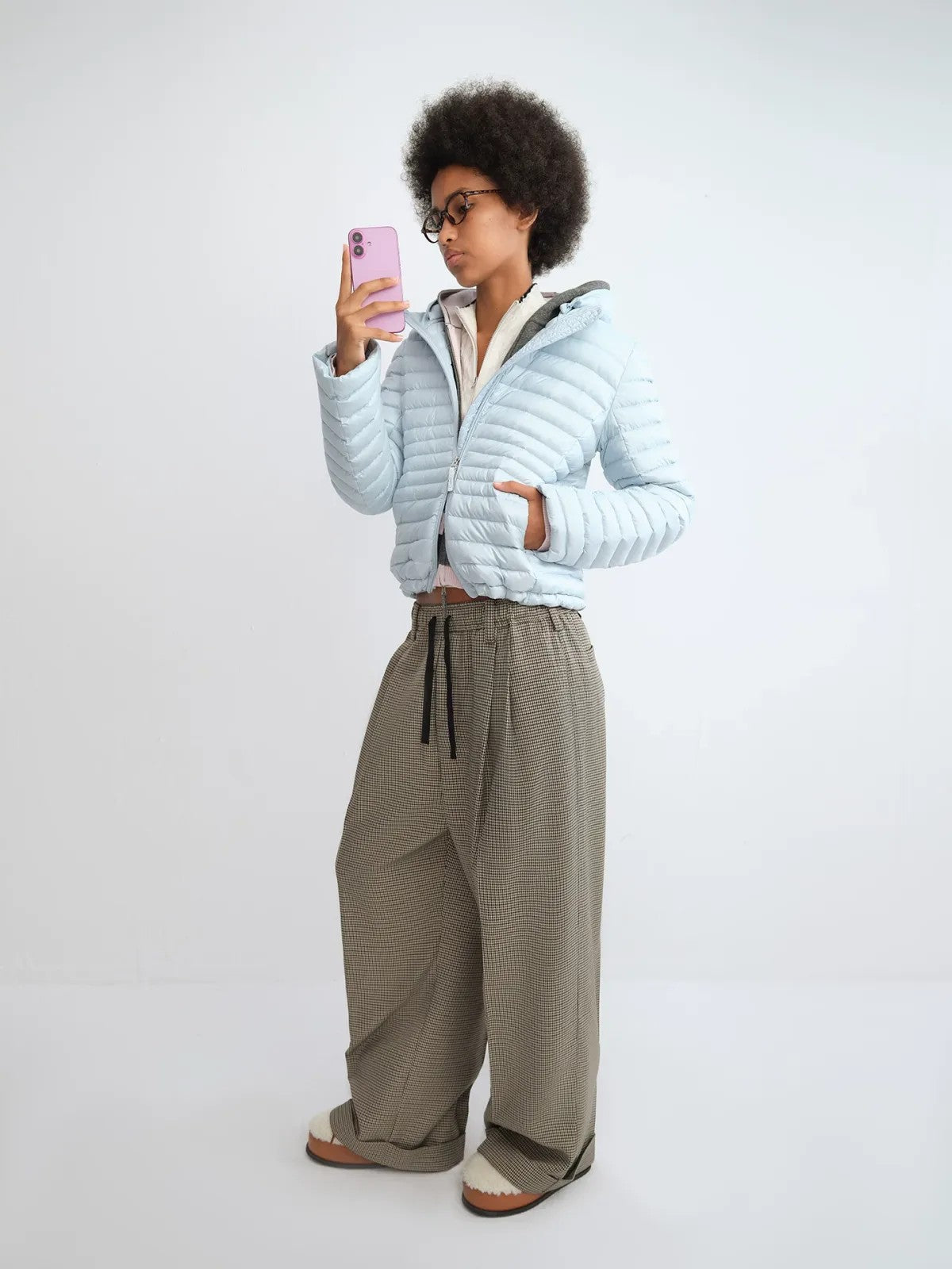 RARELY ALIKE Detachable Hood Down Puffer in Sky Blue - On Model