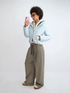 RARELY ALIKE Detachable Hood Down Puffer in Sky Blue - On Model