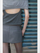 RARELY ALIKE Open Back Wool Mock Neck Top in Gray - On Model