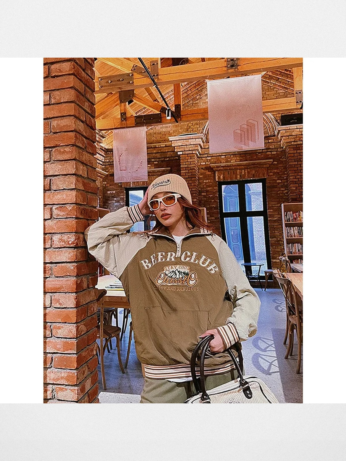 BeerBro Color Block Half Zip Sweatshirt in Beige