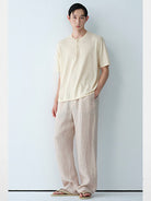 ROYA Linen Cotton Short Sleeve Henley in Cream - On Model