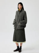 Simple Project Chunky Wool Blend High Neck Cardigan in Gray - On Female Model