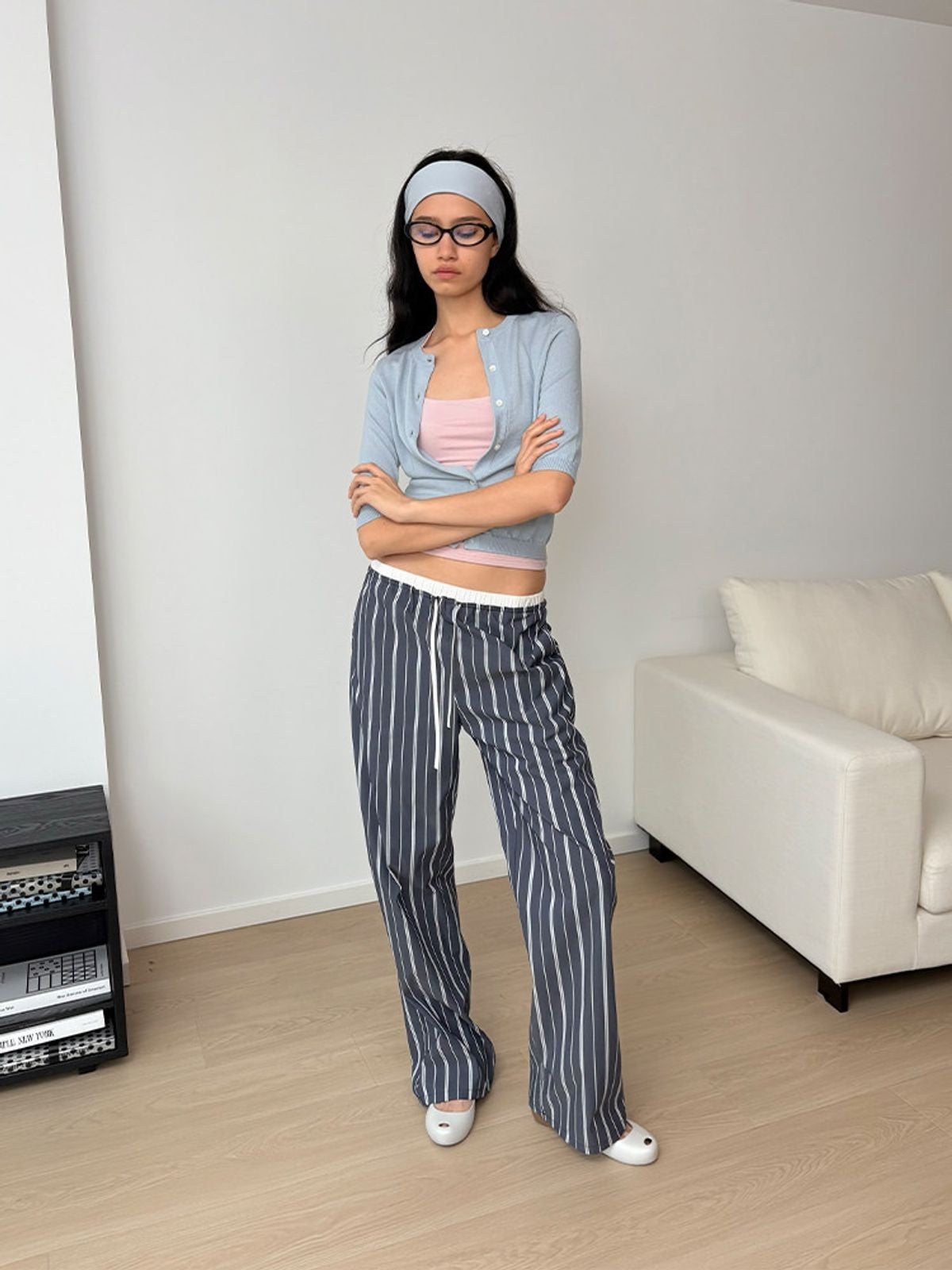 RARELY ALIKE Pure Wool Mid Sleeve Cardigan in Sky Blue - On Model