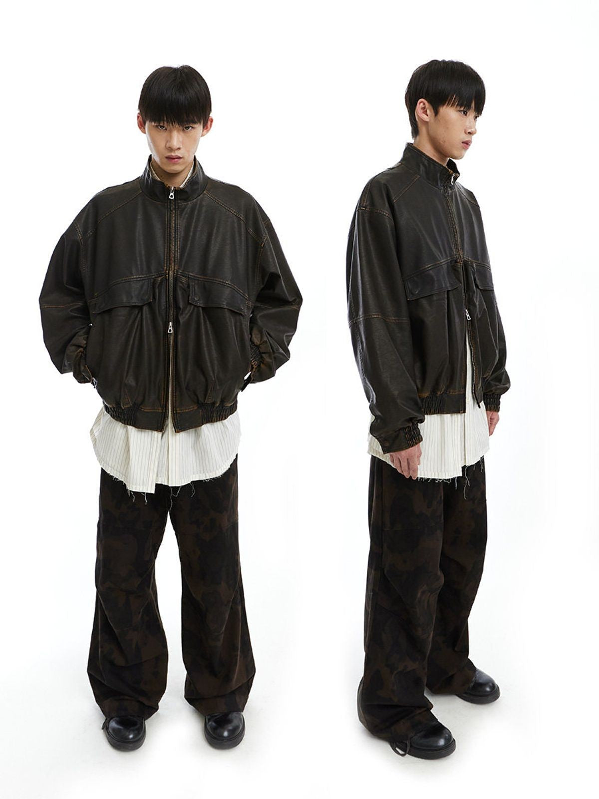 NeverSeez Distressed PU Leather Bomber in Brown - On Male Model