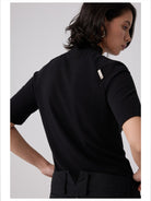 Simple Project Slub Knit Mock Neck Top in Black - On Model