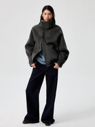 Simple Project High Neck Double Faced Wool Jacket in Gray - On Female Model