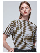Simple Project Textured Striped Cotton T Shirt in Olive - On Female Model