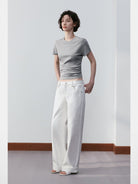 PUKI Structured Shoulder Lyocell Tee in Gray - On Model