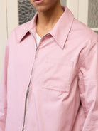 Retro 21 Pink Beige Double Zip Cotton Shirt in Off-White - On Model