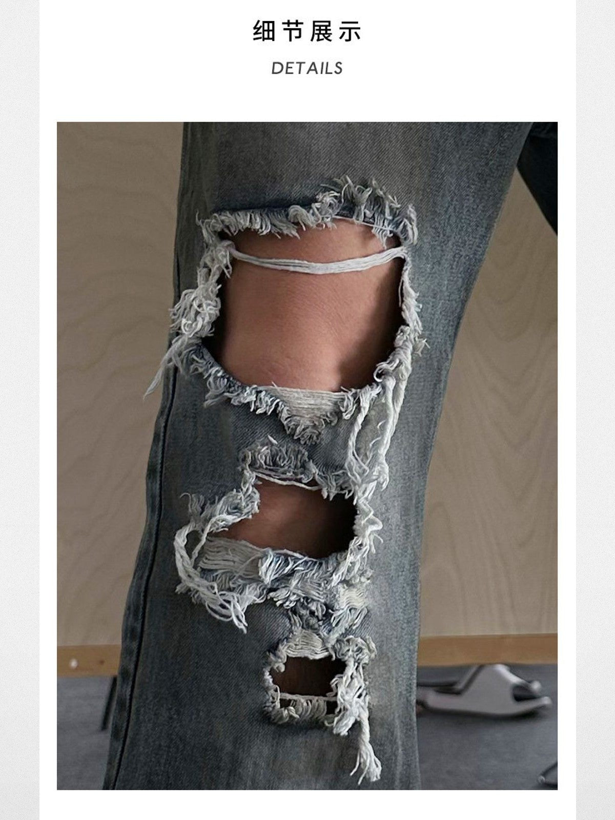 TRIANGLE PROJECT Distressed Dirty Wash Micro Flare Jeans in Denim - On Model