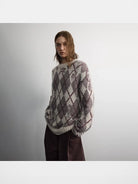 RandomPiece Distressed Argyle Alpaca Blend Sweater in Beige - On Model