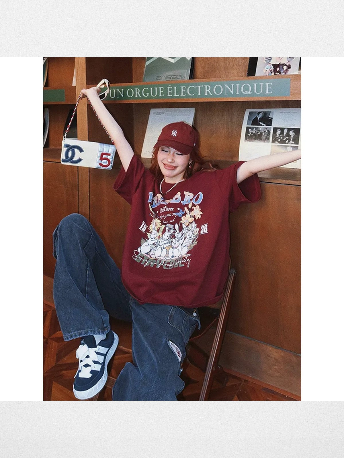 BeerBro Rabbit Graphic Oversized T Shirt in Burgundy
