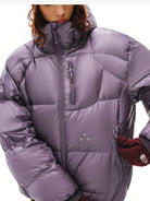 FPA Semi Sheer 800FP Hooded Puffer in Purple - On Female Model