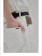 NANS 12oz Plaid Patchwork Straight Jeans in White - On Male Model