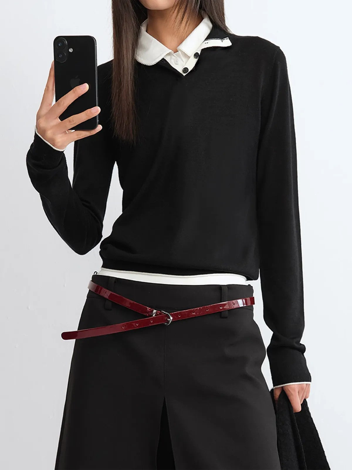 RARELY ALIKE Patent Leather Belt in Burgundy - On Model