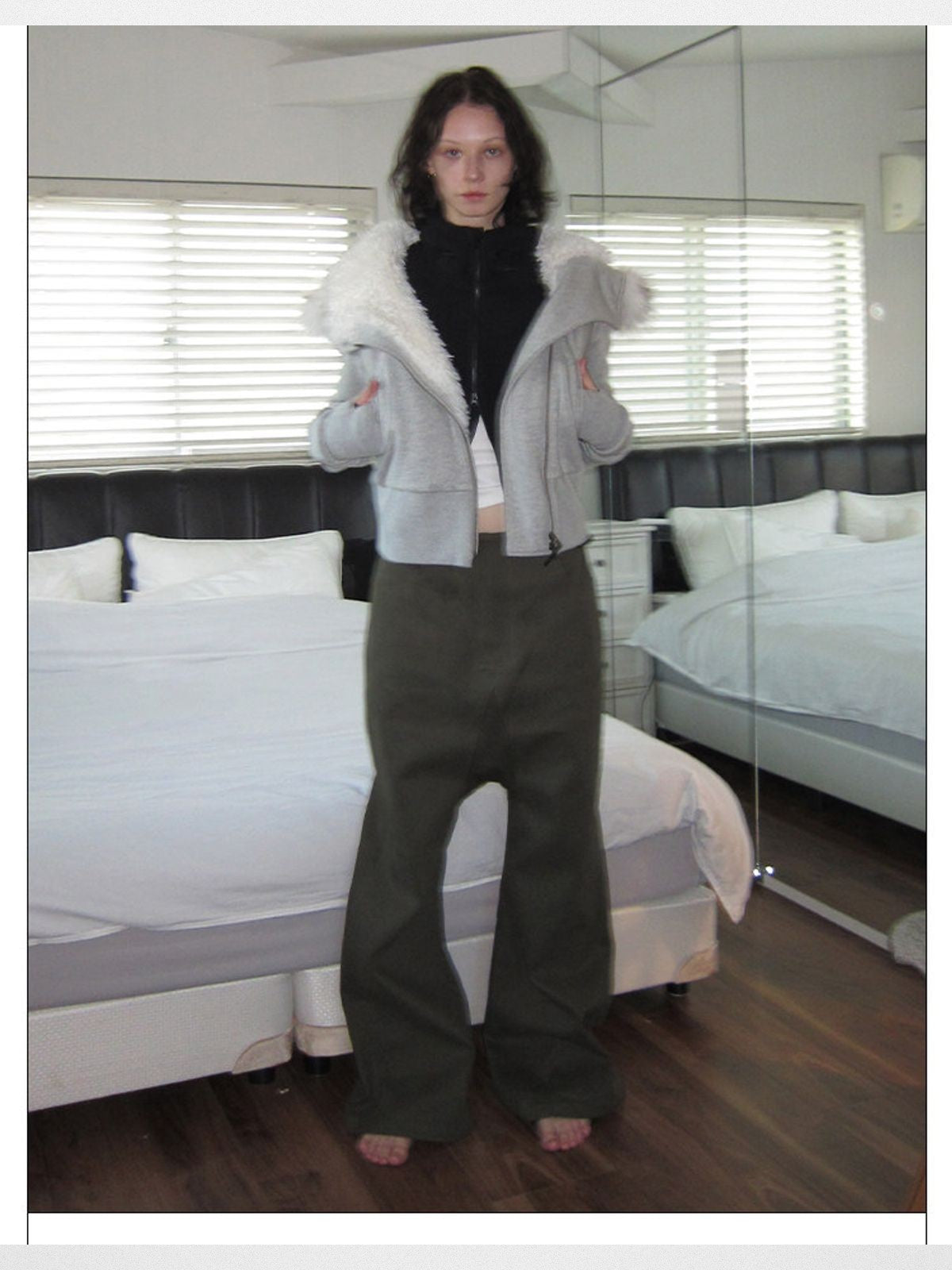 RARELY ALIKE Asymmetric Zip Hooded Padded Jacket in Gray - On Model