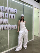 NeverSeez Quick Dry Wide Leg Trousers in White - On Female Model