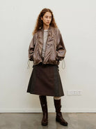 NeverSeez Glossy Ruched Tencel Windbreaker in Coffee - On Female Model