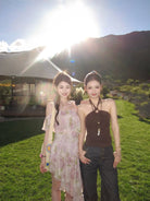 1S Studio Asymmetric Floral Ruffle Dress in Purple - On Model