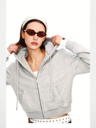 PUKI Cropped Cotton Blend Zip Hoodie in Gray - On Model