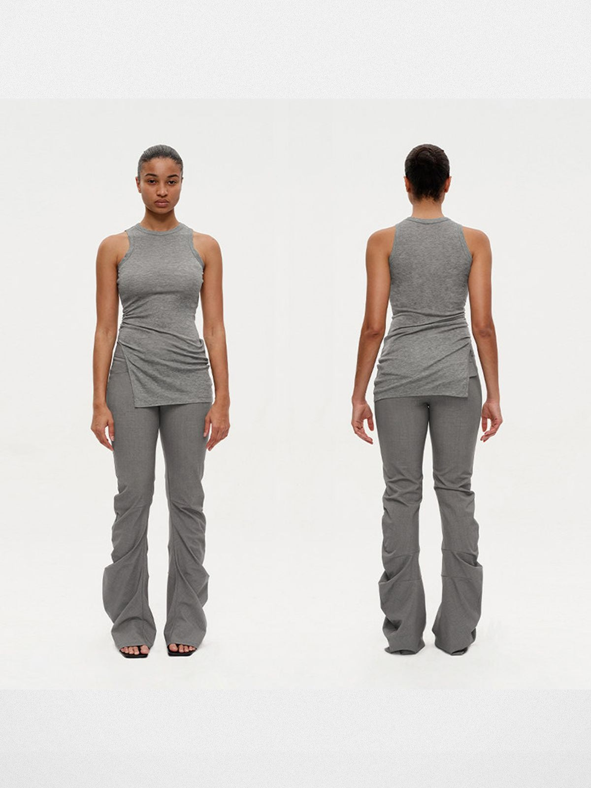 RARELY ALIKE Curved Leg Flared Suit Pants in Gray - On Model