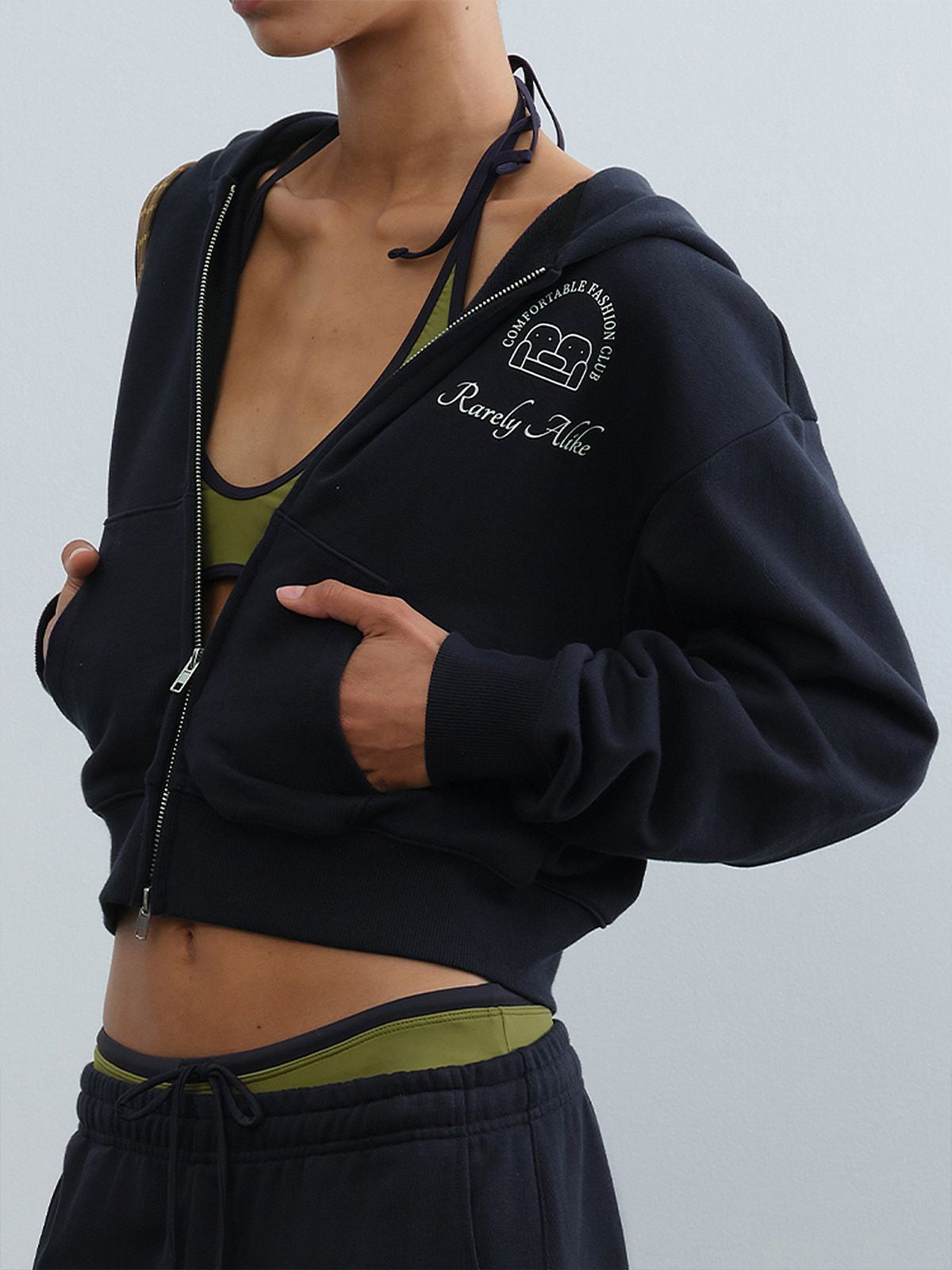 RARELY ALIKE Comfort Club Graphic Zip Up Hoodie in Navy Blue - On Model