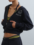 RARELY ALIKE Comfort Club Graphic Zip Up Hoodie in Navy Blue - On Model