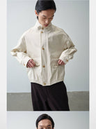 ROYA Water Repellent Twill Harrington in White - On Model