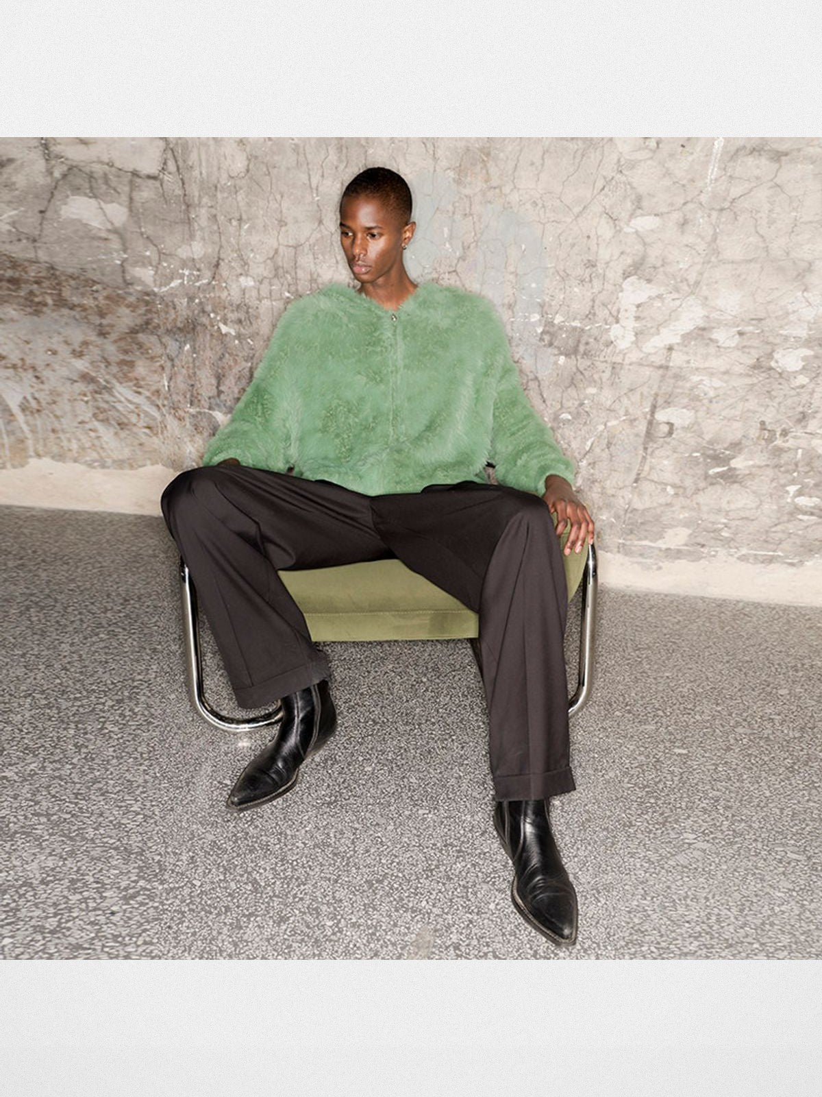 TRIANGLE PROJECT Faux Mink Zip Up Hooded Jacket in Mint - On Model