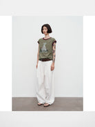 RandomPiece Dog Graphic Flutter Sleeve Tee in Olive - On Model