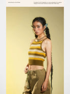 BeerBro Striped Open Knit Halter Top in Olive - On Model