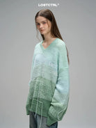 LOSTCTRL Gradient Fringe V Neck Sweater in Green