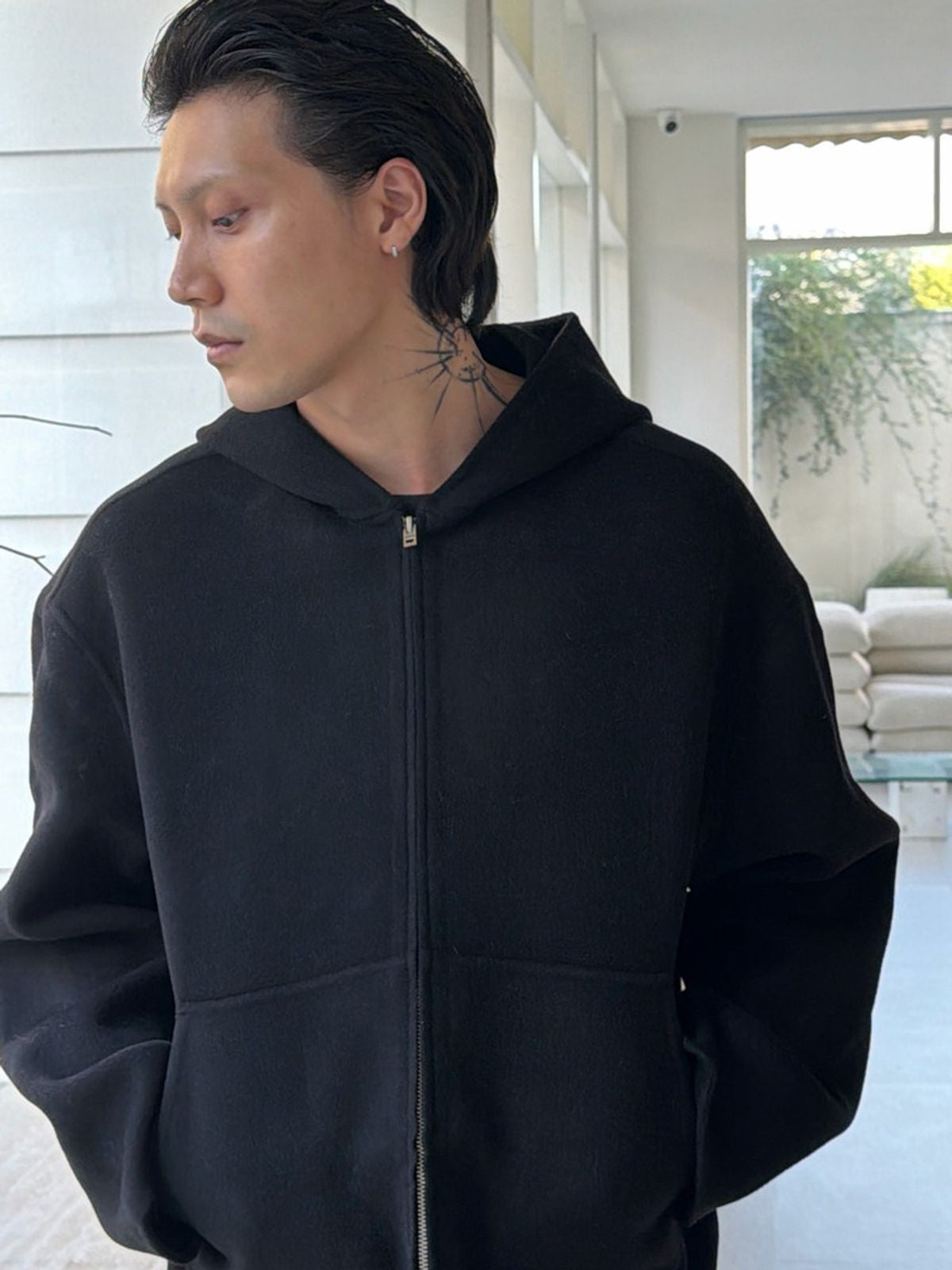 TRIANGLE PROJECT Double Faced Wool Cashmere Hoodie in Black - On Model