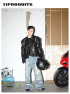 UNKNOWNWORLD Heavyweight Distressed Wide Leg Jeans in Blue - On Female Model