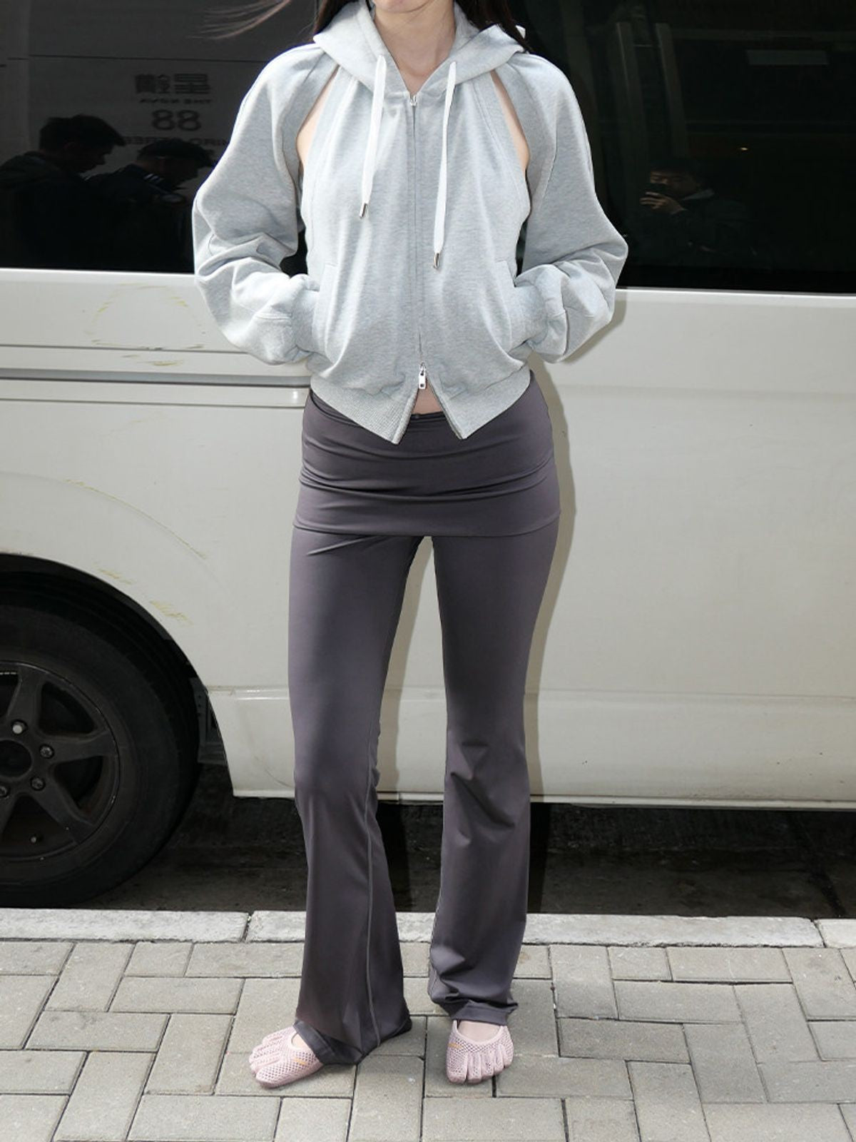 RARELY ALIKE Skirted Low Rise Flare Leggings in Gray - On Model