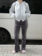 RARELY ALIKE Skirted Low Rise Flare Leggings in Gray - On Model