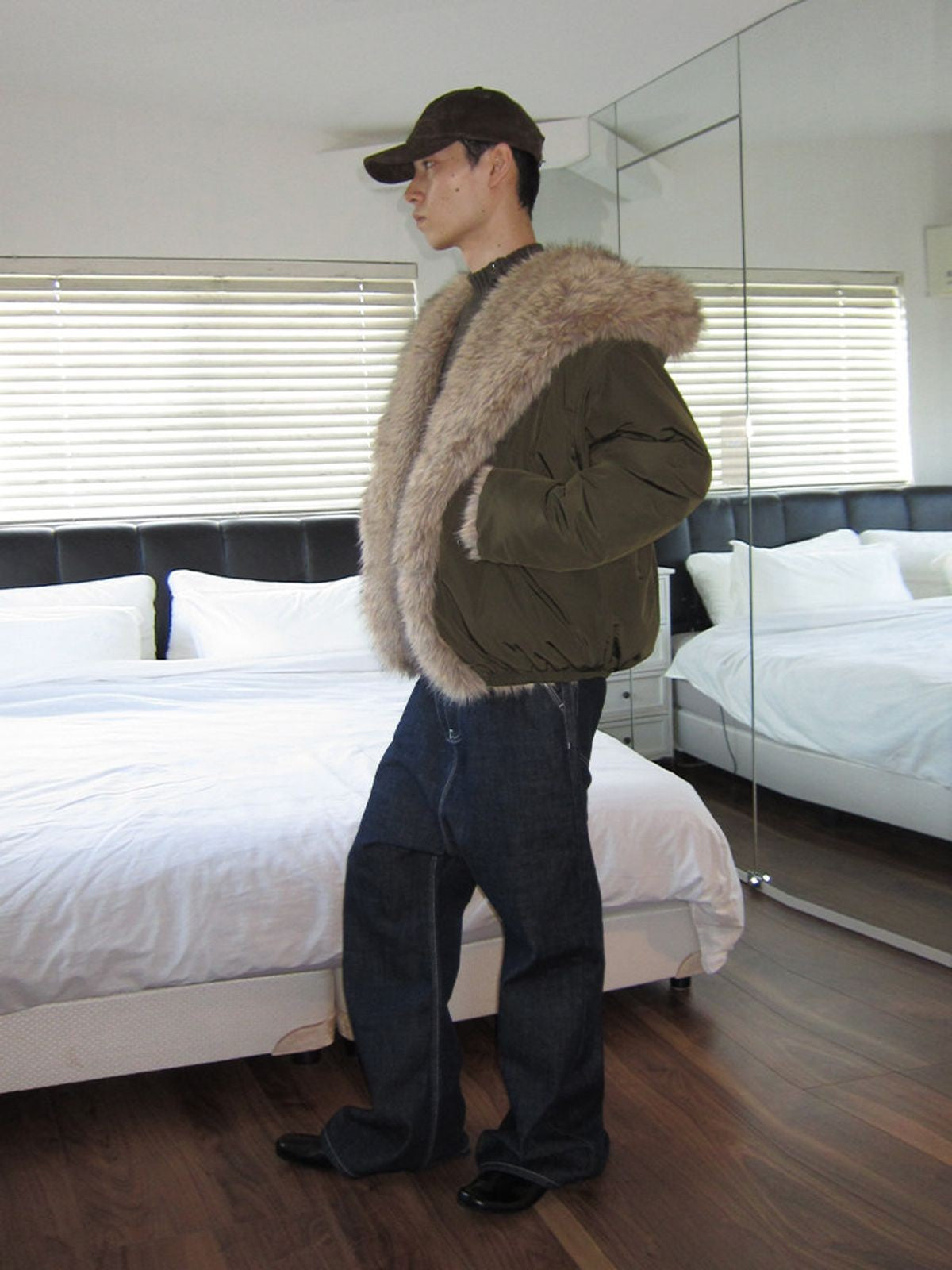 RARELY ALIKE Reversible Faux Fur Hooded Jacket in Olive - Lifestyle