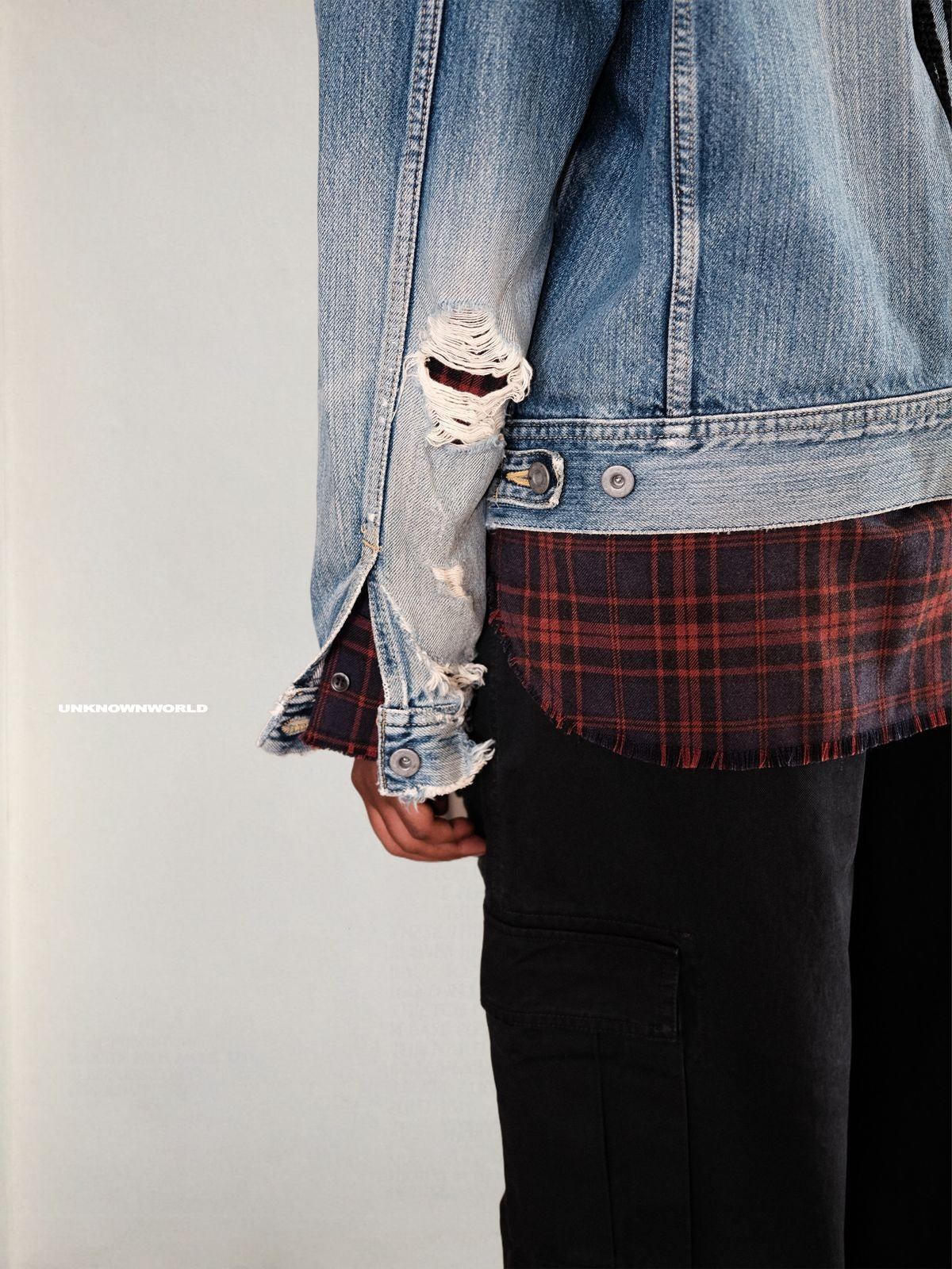 UNKNOWNWORLD Heavy Distressed Denim Jacket in Blue - On Model