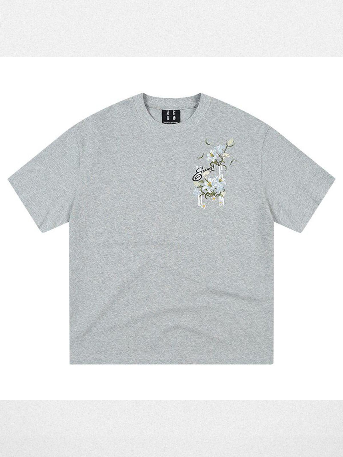 MEDM Rose Embroidered Cotton T Shirt in Gray