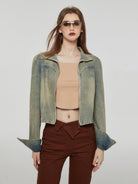 Amee Cropped Zip Up Denim Jacket in Green - On Model